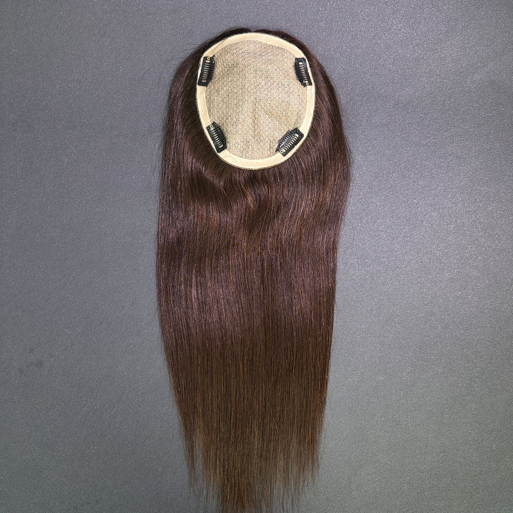 Yhair 14*16CM Straight Silk Base Hair Topper 2# Dark Brown 100% Virgin Human Hair for Thinning Hair & Daily Wear
