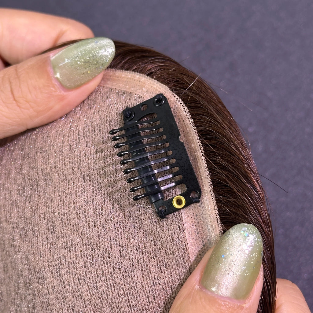 Yhair 14*16CM Straight Silk Base Hair Topper #4 Medium Brown 100% Virgin Human Hair for Thinning Hair & Daily Wear