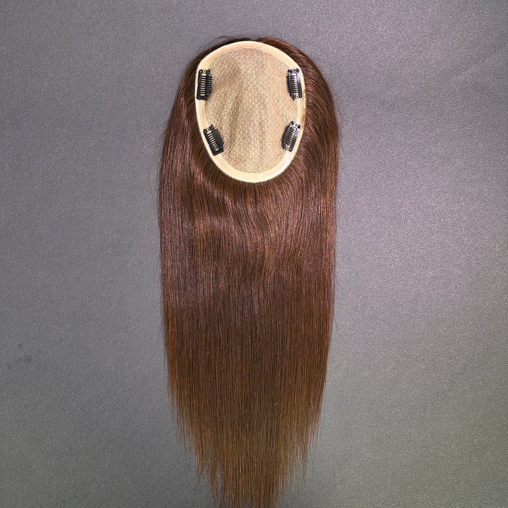 Yhair 14*16CM Straight Silk Base Hair Topper #4 Medium Brown 100% Virgin Human Hair for Thinning Hair & Daily Wear